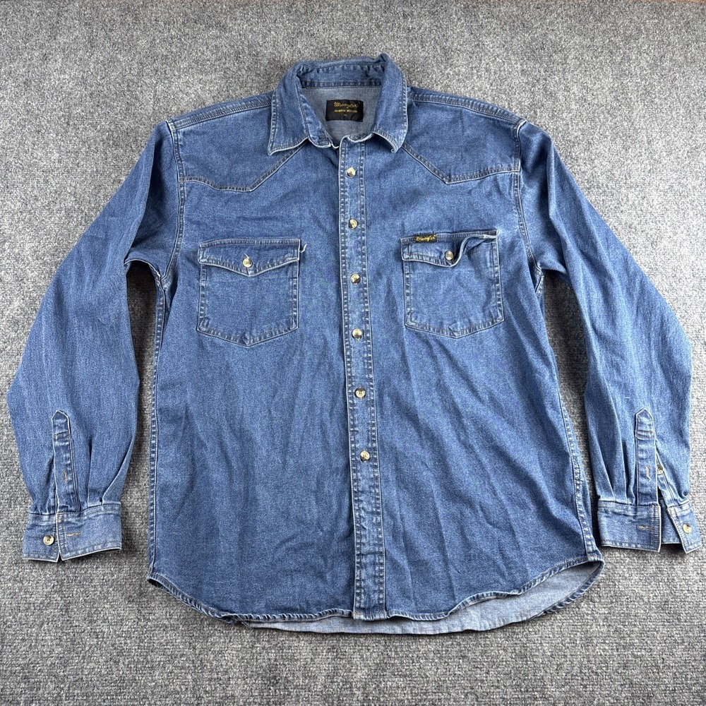 Wrangler Denim Shirt Long Sleeve Button Down Blue Jean Mens XXL 2XL